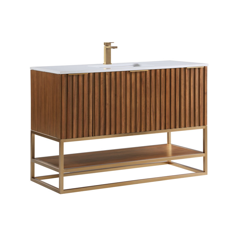 Terra 48'' Single Bathroom Vanity with Top, White Quartz/Single Faucet Mount, Walnut, Satin Brass
