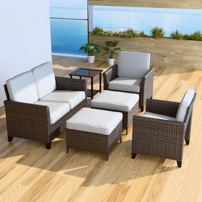 6-Piece Spacious Seating Group Patio Multi-brown Wicker Rattan Loveseat Sofa Set with Cushions