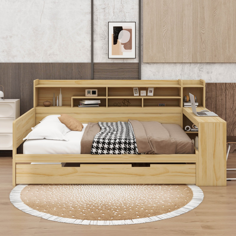 Lit de jour en bois avec couchette, tablettes et bureau d'étude intégré, Naturel, Lit double