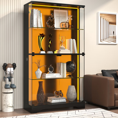 Vitrine en verre 63 "avec lumières RVB à capteur de mouvement, vitrine moderne avec tablettes réglables à 4 niveaux et portes en verre, vitrine pour objets de collection, blanc