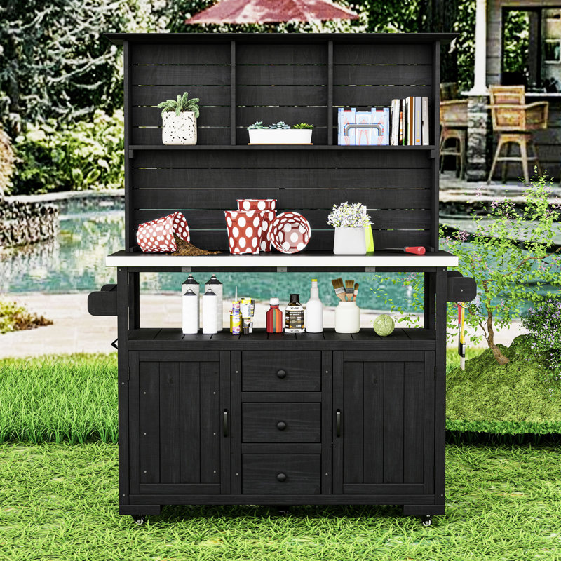 Banc de rempotage polyvalent avec plateau en acier inoxydable, tablettes réglables et roues verrouillables, Noir