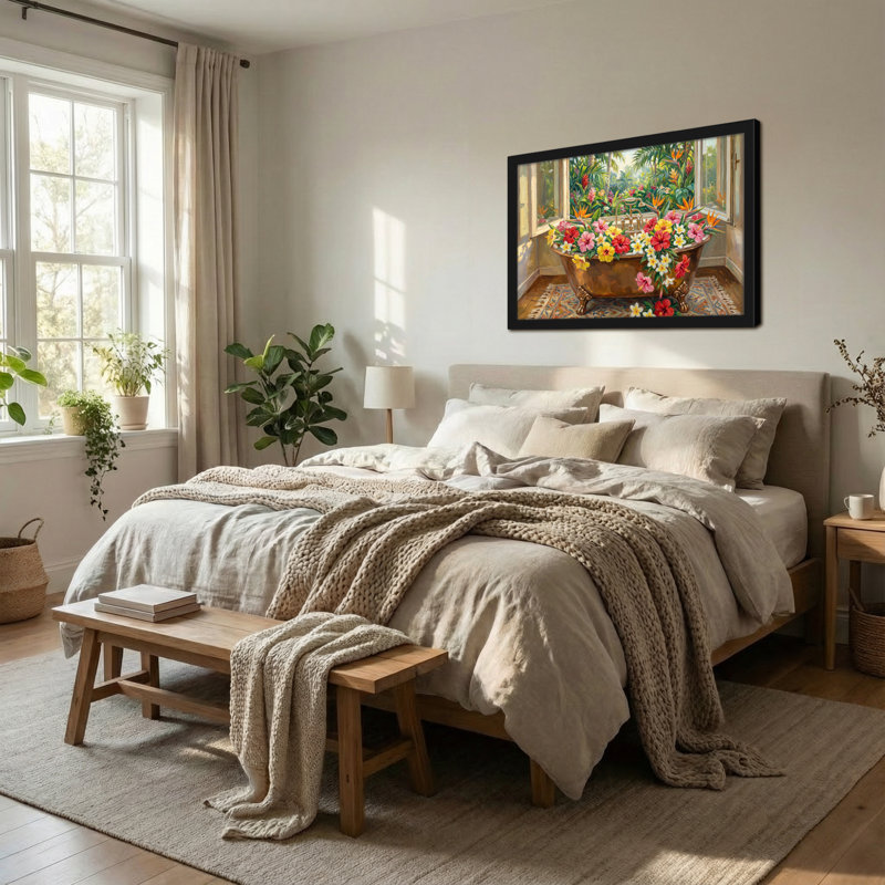 Scène de fenêtre de jardin avec plantes et fleurs, H 16 po x l 24 po