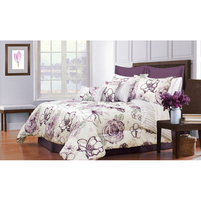 Ensemble d'édredon en microfibre mauve clair, mauve foncé et blanc de style moderne et contemporain de six articles Angelica