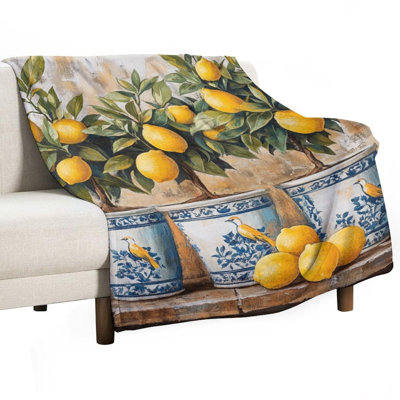 Jeté en flanelle de luxe citronniers en pots bleus avec oiseaux, couverture douce et chaude pour le canapé-lit du salon