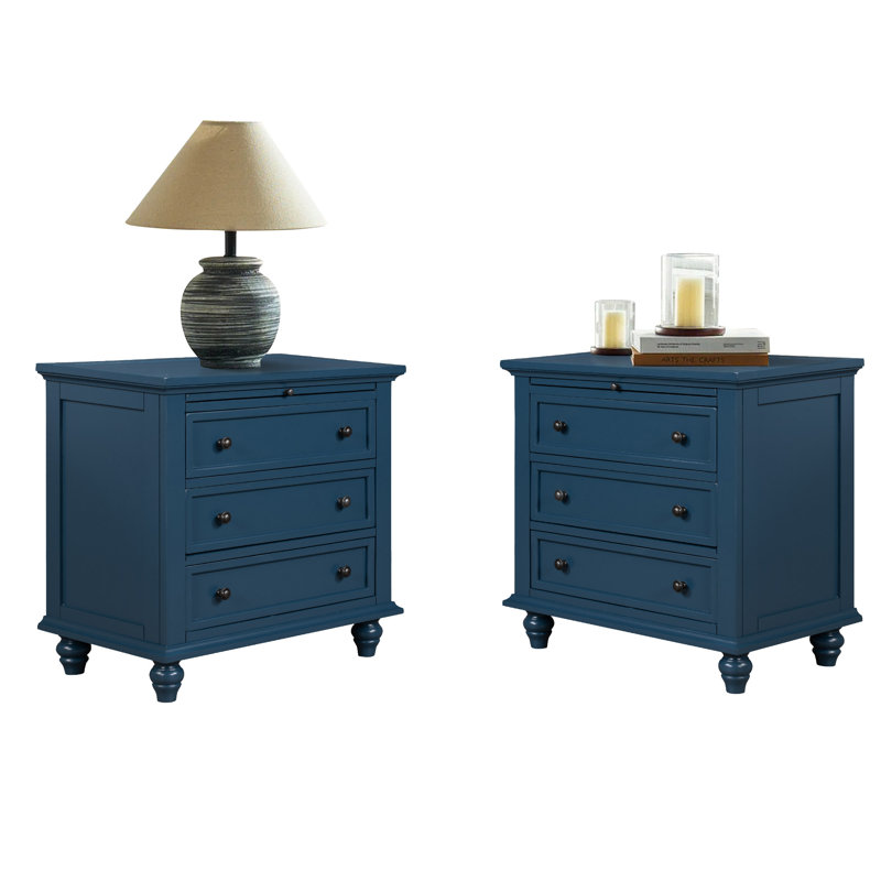 Luminex Traditional 3-Drawer Nightstand with Pull-out Shelf and Solid Wood Legs (Set of 2), Blue, Set of 2