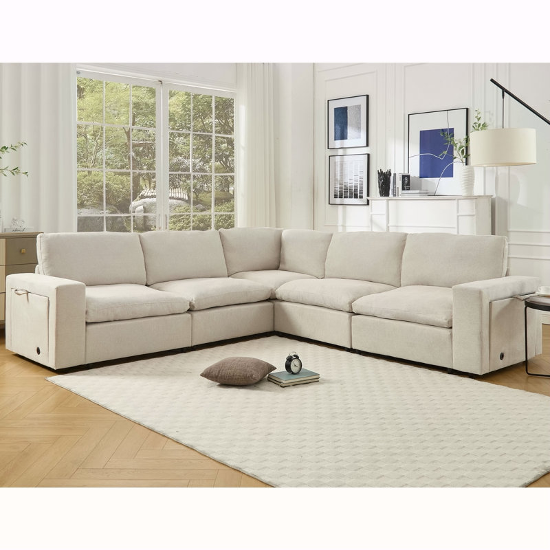 Canapé modulaire modulaire avec chargement sans fil, porte-gobelets et rangement de livres pour le salon, canapé en L à 5 places, tissu en lin doux, beige