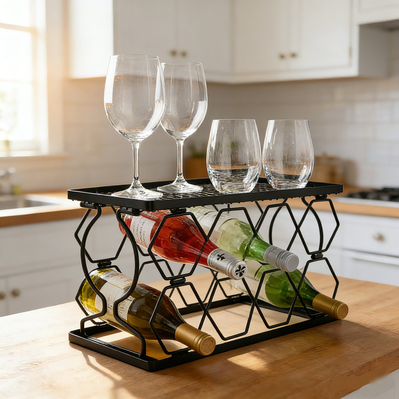 Support à vin pliable en métal pour 8 bouteilles avec tablette en verre