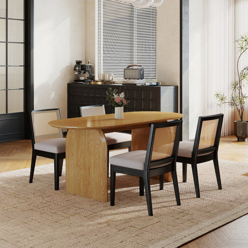 Dining Set Mid-Century Modern Wooden Table & Upholstered Chair Set For Home, Kitchen, Dining Room, Beige/Black, Natural