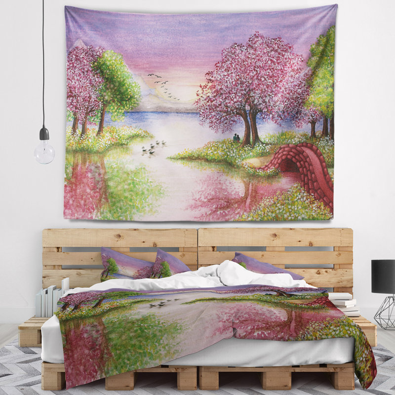 Lac romantique en tapisserie rose et verte, H 32 po x l 39 po