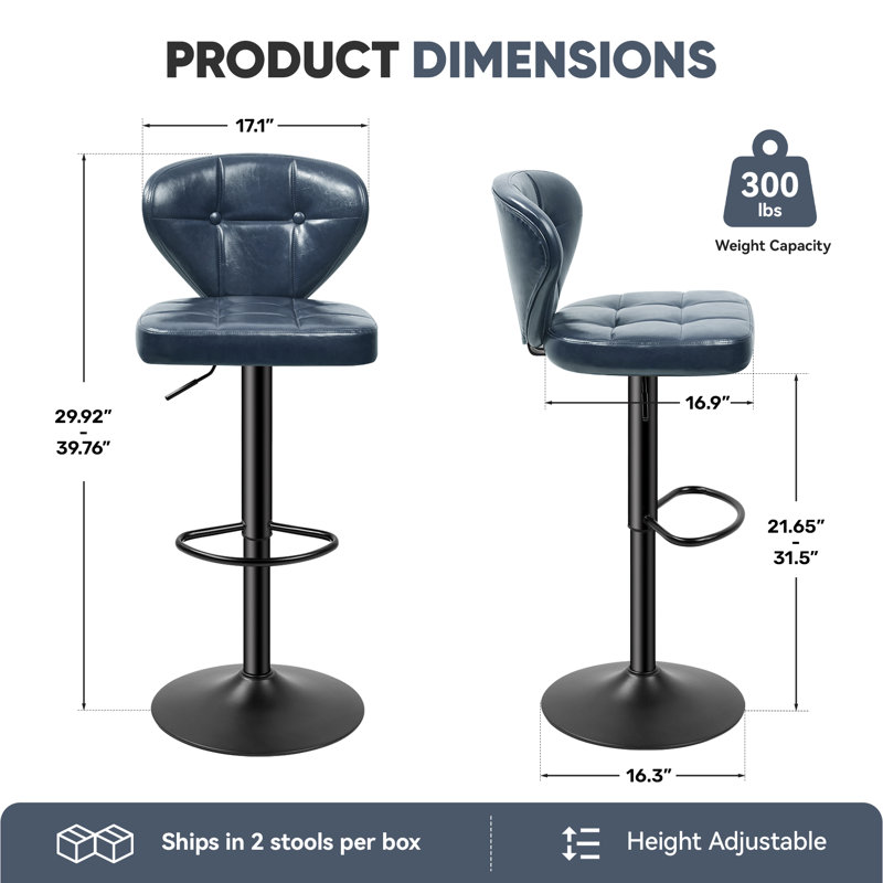Modern Grey PU Leather Swivel Adjustable Height Bar Stools, Blue