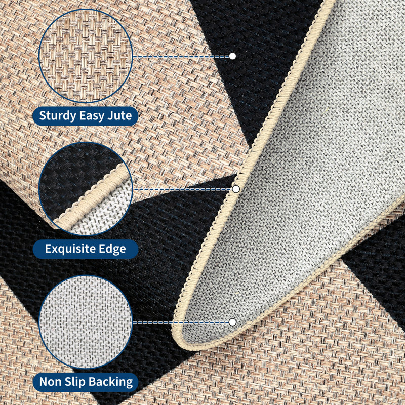 Washable Easy Jute Rug Modern Checkered Rug with Non Slip TPR Rubber Backing, Durable & UV Resistant Indoor Outdoor Carpet, Low Pile Non Shedding Printed Mat for Living Room Bedroom