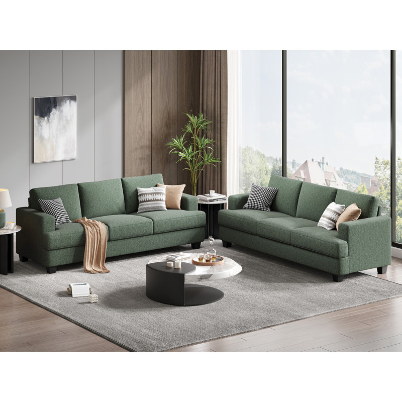 89" W 2-Piece Upholstered Linen Living Room Set, Light Green