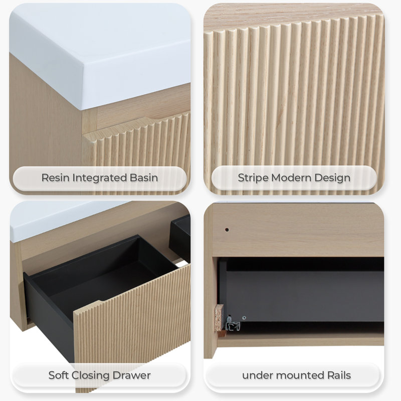 Meuble-lavabo double 72 po avec évier flottant, armoire murale avec deux lavabos en résine et deux tiroirs à fermeture en douceur, pré-assemblé, bois naturel