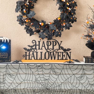 18" L Distressed Metal and Wood Happy Halloween Sign with Bats