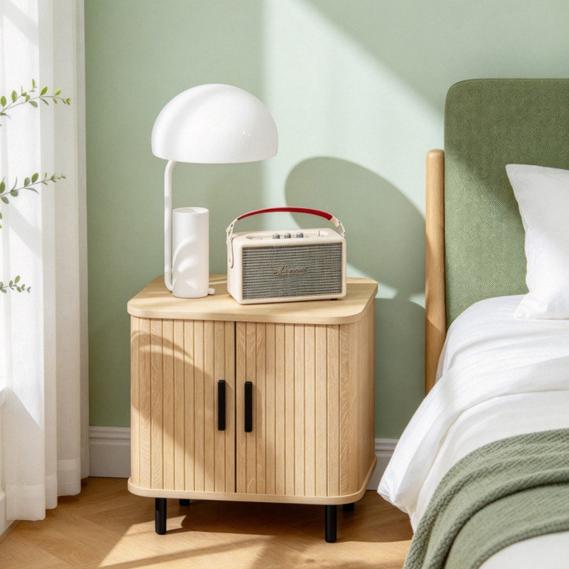 Oak Tone Nordic Bedside Table, Side Table with Roller Shutter Style Sliding Doors and Sturdy Metal Legs for Bedroom Living Room