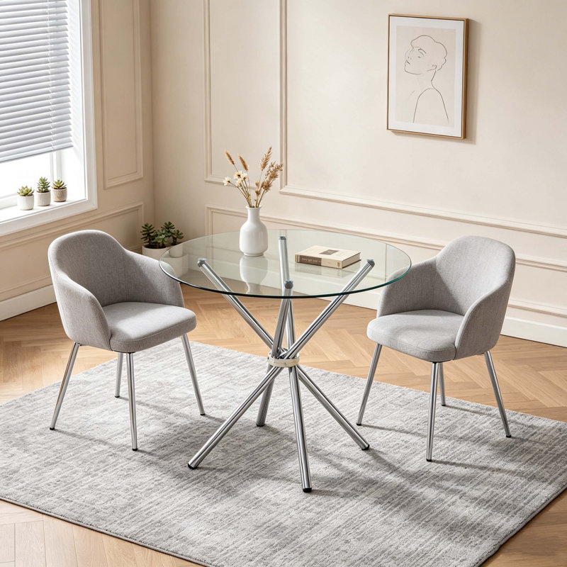 Table de salle à manger ronde en verre transparent, Argent