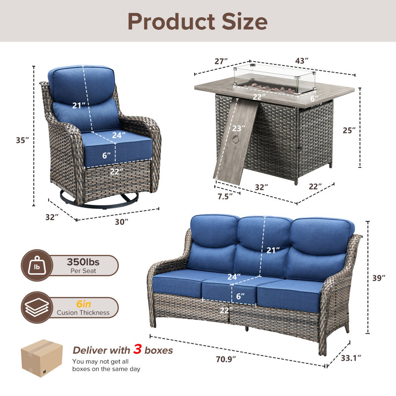 Abbey 4-Piece Wicker Patio Conversation Set With Fire Pit Table & 6-Inch Luxury Cushions Swivel Chairs, Gray, Blue