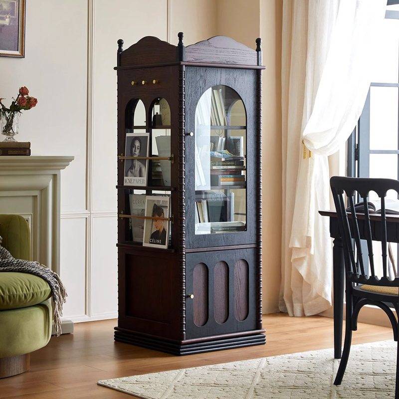 French-Style Vintage Oak Rotating Storage Cabinet With Glass Doors Bookcase