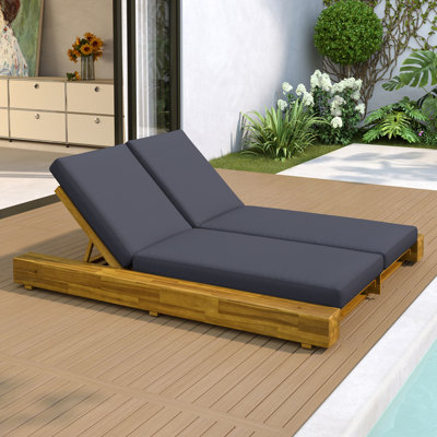 Atua Outdoor Acacia Wood Double Chaise Lounge With Water-Repellent Cushions And Adjustable Back by NFusion
