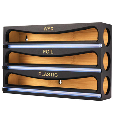 Bamboo Wrap Dispenser With Cutter, Plastic Wrap Organizer, Aluminum Foil Organization, And Wax Paper Dispenser Holder, Compatible With 12" Roll (01 Black)