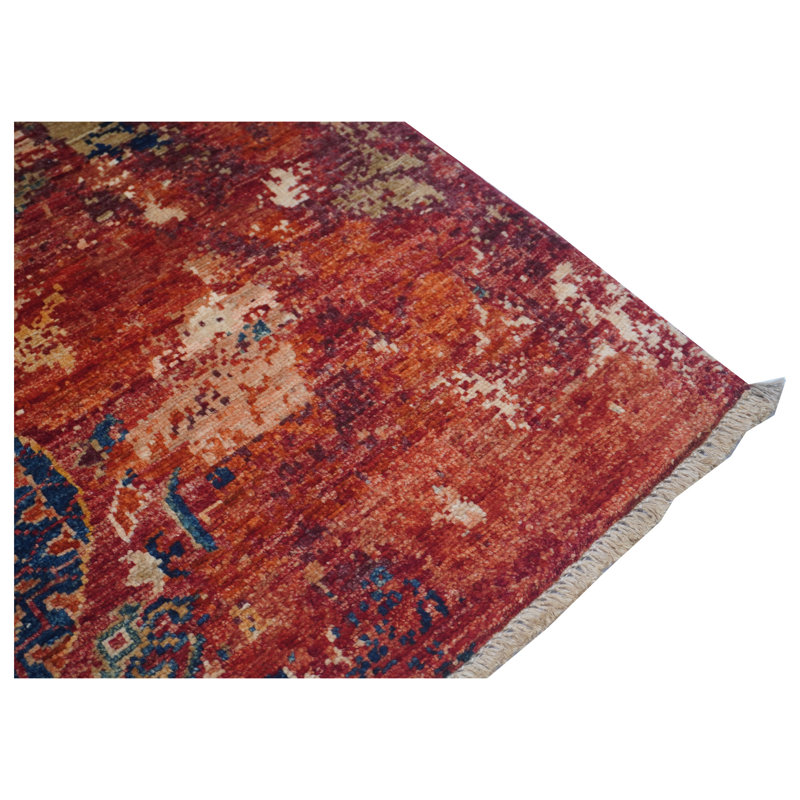 Hand Knotted Wool Area Rug in Red/Blue/Beige/Gray
