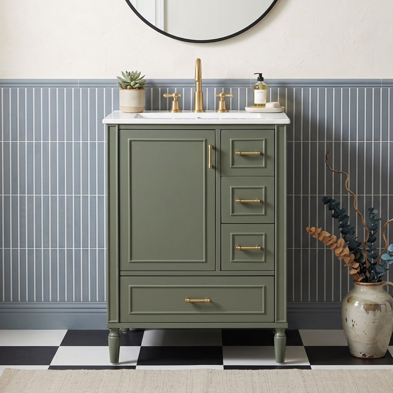 Meuble-lavabo compact sur pied avec lavabo en céramique, tiroirs de rangement et porte à fermeture en douceur, Vert olive