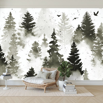 Peel and Stick Wallpaper 96" W x 69" H Modern Self Adhesive Wall Mural for Bedroom Watercolor stylish seamless coniferous forest black white colors under