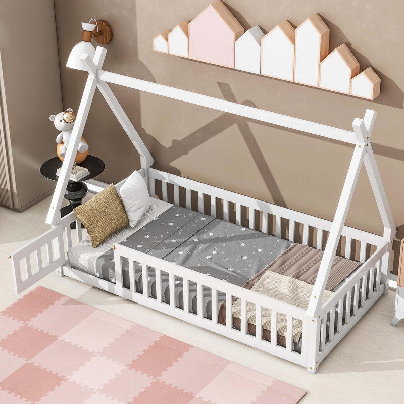 Lit simple en forme de tente avec garde-corps, lattes, porte, gris, Lit simple, Gris