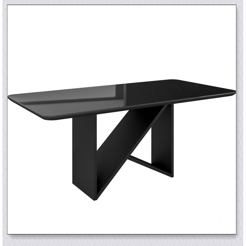 Table de salle à manger 6 places de style italien avec plateau en verre peint et base en bois élégante, Noir