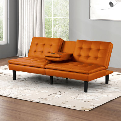 Futon orange contemporain avec chargeurs intégrés, table rabattable et option de conversion de lit, coussins de dossier en biscuit l 71,5 po x P 35,5 po H 32 po, ports, capacité convertible,