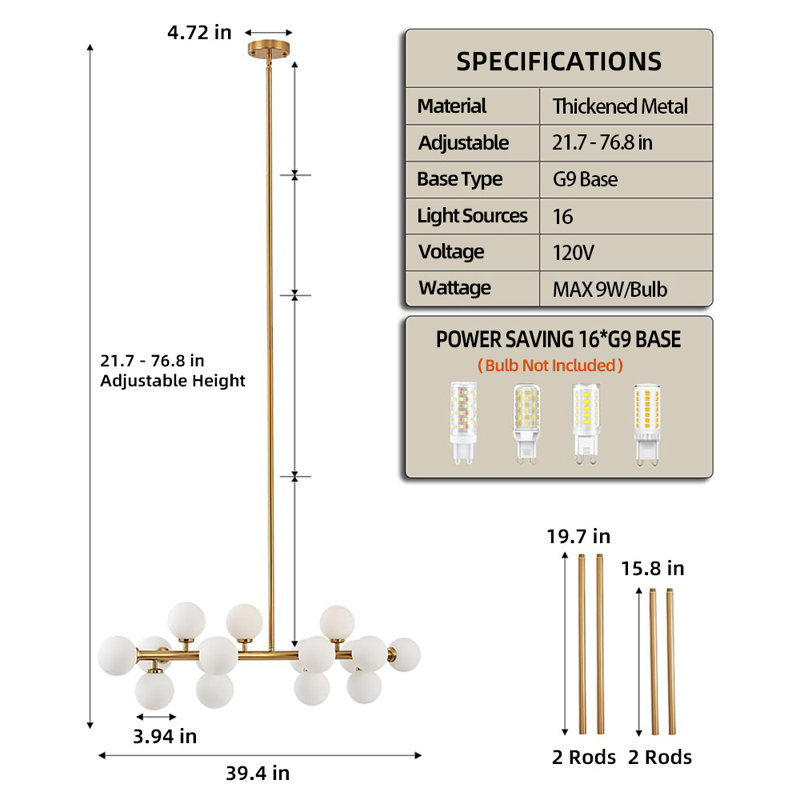 16-Light Mid Century Modern Chandelier: 40" Gold Linear Sputnik Chandeliers – Milky White Glass Globe Dining Room Light Fixture – Long Modern Pendant Chandelier for Living Room Kitchen Island Table