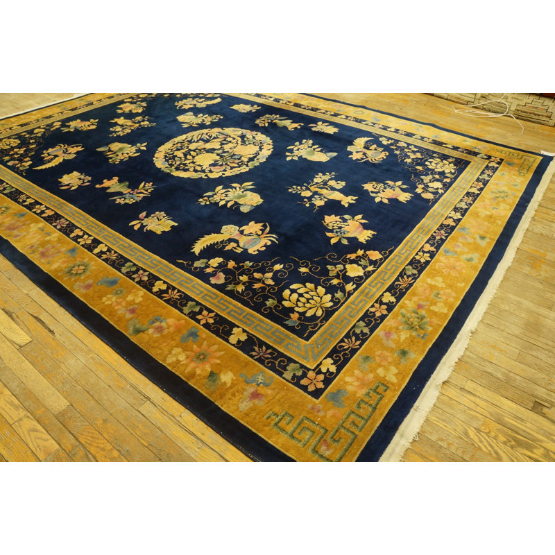Antique Art Deco Chinese Floral, Medallion Blue Navy, Ivory Beige Cream White 1920s Rug