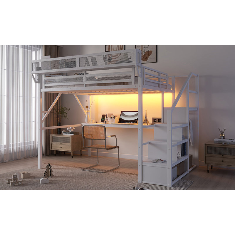 Grand lit mezzanine en métal avec escalier, garde-robe, bureau, station de charge, lumières intelligentes et tablette supérieure, blanc, durabilité à long terme