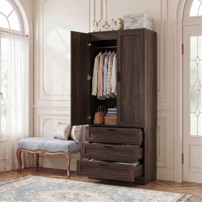 27.5" × 68" Wardrobe Armoire With 3 Drawers, Closet Organizer With Doors & Hanging Rod