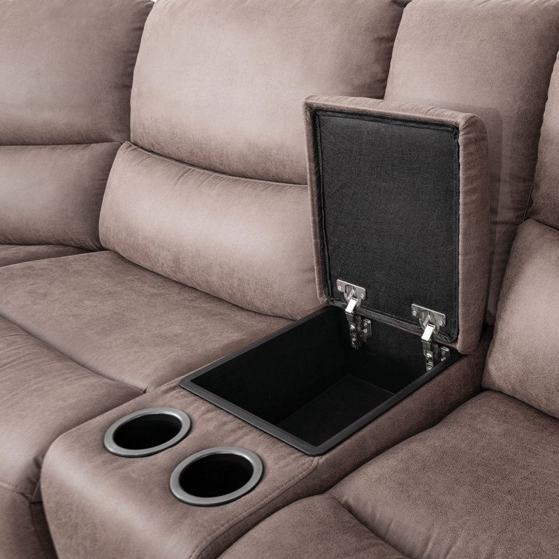 Canapé modulaire rembourré avec deux fauteuils inclinables électriques Galvan, Tissu brun