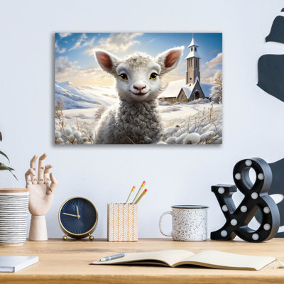 "Sheep and Church In The Snow" par Momart, art mural en verre acrylique