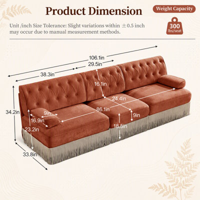 Canapé 3 places en tissu de velours adapté aux animaux de compagnie avec frange à franges, conception capitonnée et base en bois ergonomique pour les salons et les chambres