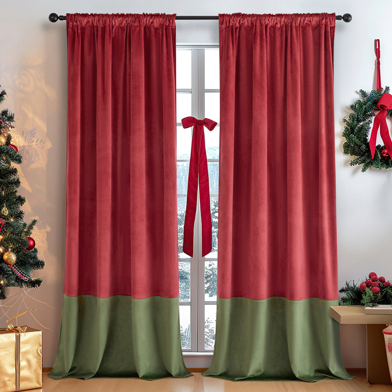 Lauier Velvet Room Darkening Curtain Pair, 52" W x 96" L, Green/Red