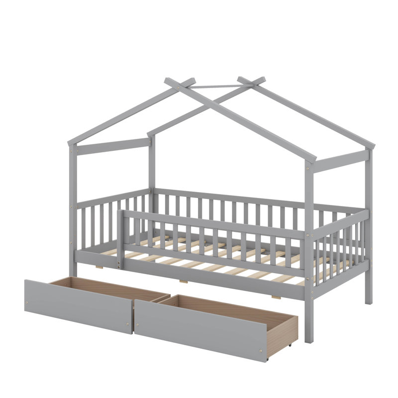 Lit simple en bois avec tiroirs, Gris