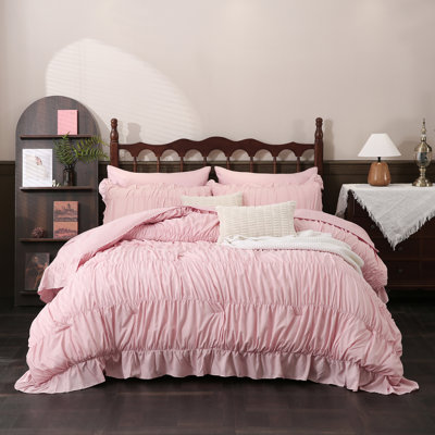 Pink Comforter Set King Size,ruched Boho Bedding 9-piece Bed-in-a-bag For All Seasons,fluffy Luxury Ruffle Bedding Set With Comforter, Flat Sheet, Fitted Sheet, Pillow Shams, Pillowcases