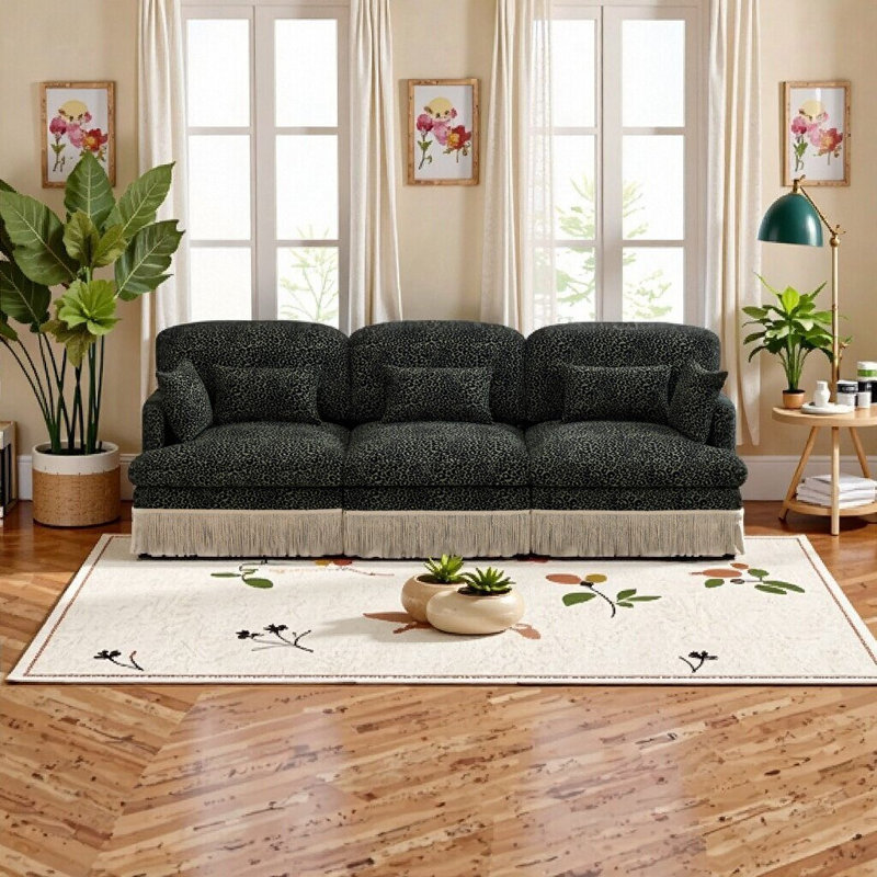 Canapé modulaire 100% chenille 100 po à imprimé léopard et bord pampille - Canapé modulaire moderne, assise profonde ergonomique, facile à assembler, vert et noir