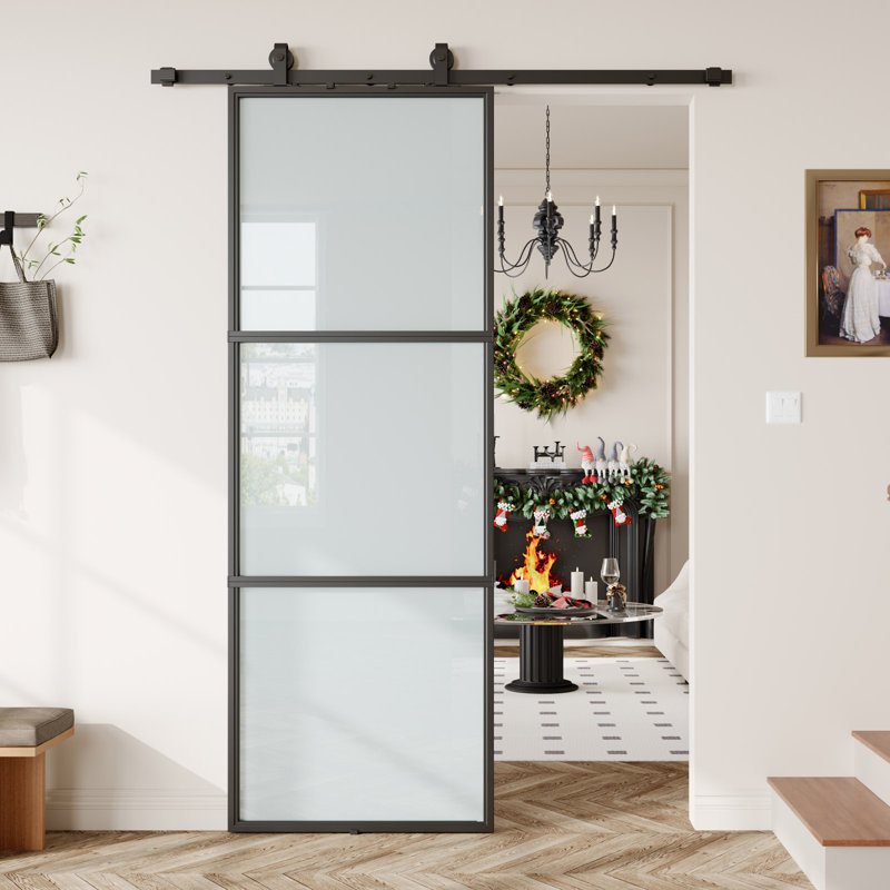 Black Aluminum and Frosted Glass Sliding Barn Door with Hardware Kit