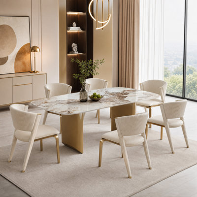 7-piece Modern Dining Table Set With 79'' Rectangular Sintered Stone Kitchen Table And 6 Upholstered Armless Chairs, Dining Room Table And Chairs With Metal Base For Home, Restaurant