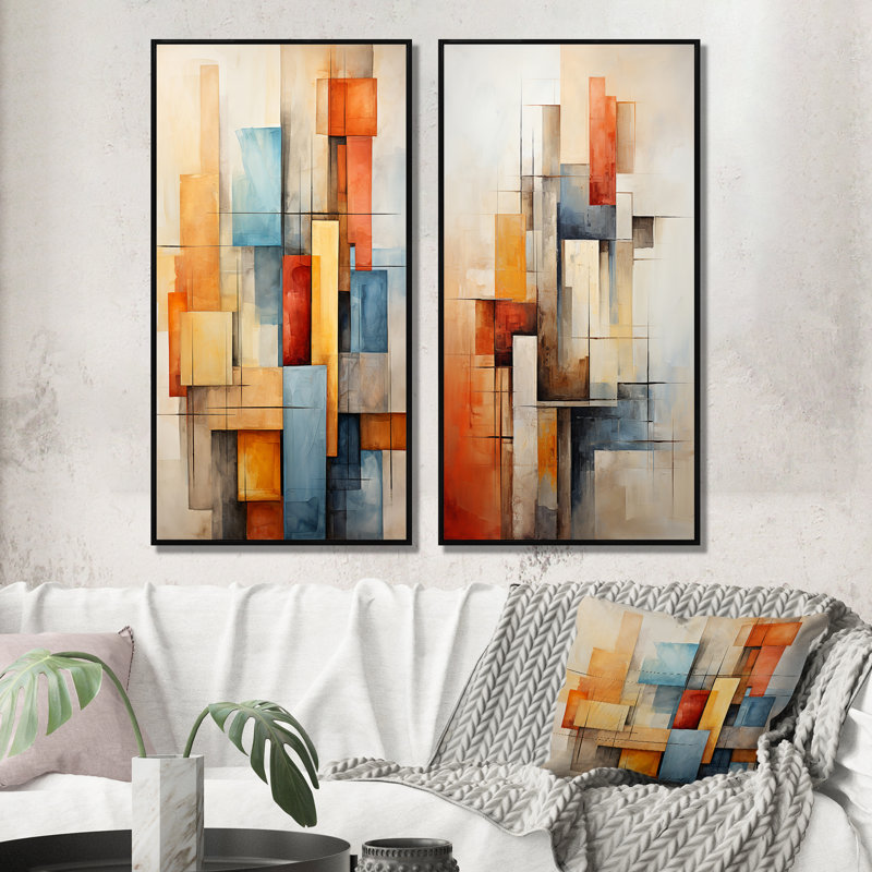 «Cubism Fragmented Perspectives», 2 pièces sur toile, H 40 po x l 40 po, Cadre noir