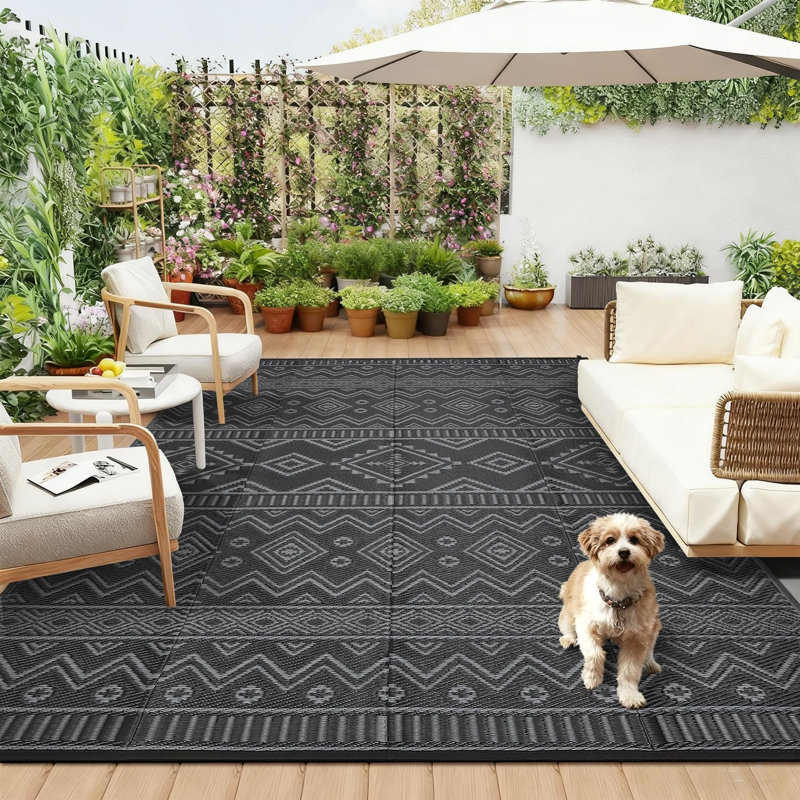 9' x 12' Reversible Outdoor Rug, Waterproof Plastic Straw Weave, Lightweight Foldable Design, Boho Style Patio Rug for Deck, Balcony or Picnic