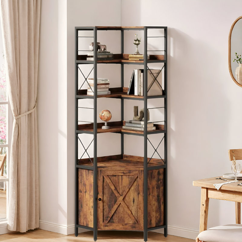 78.1“ Corner Bookcase 5 Tiers with Door and Baffles for Home Office Living Room