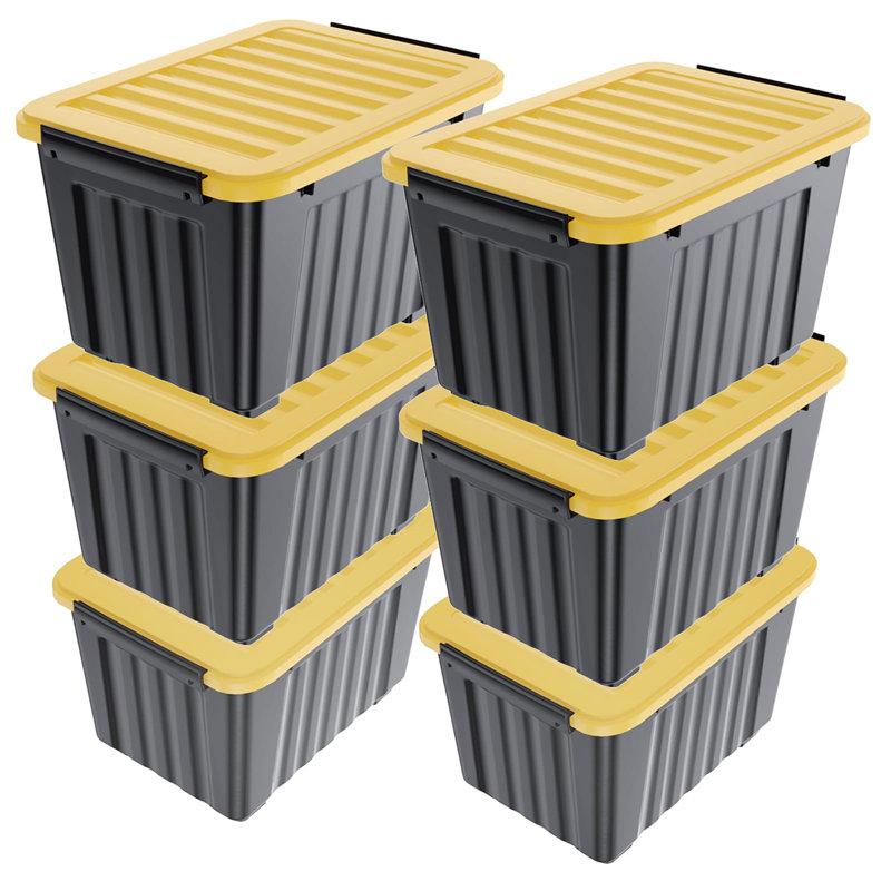 72 Quart Black and Yellow Stackable Plastic Storage Bins with Lids, 6-Pack