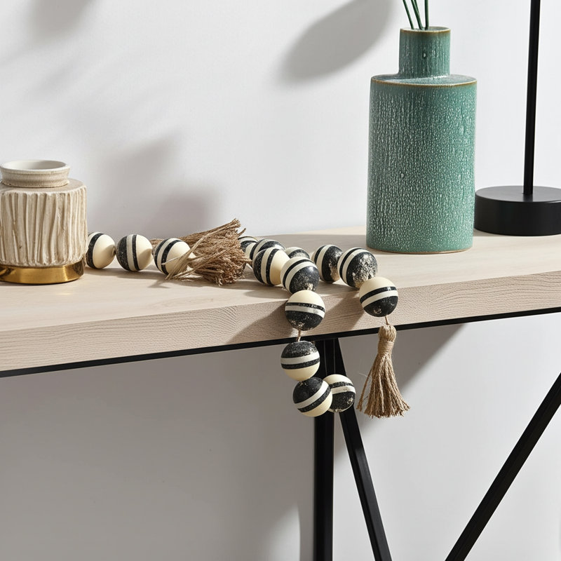 Decorative Swirled Beads with Tassels for Home Decor - Coastal Garland for Office, Desks, and Living Room Decoration - Ivory