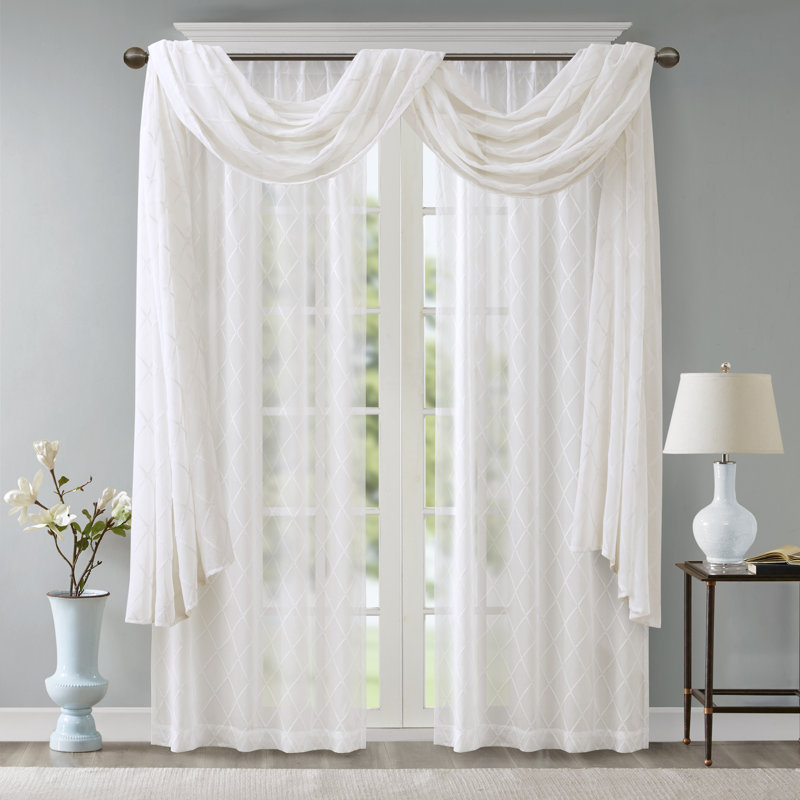 White Diamond Sheer Embroidered Ground Length Window Scarf