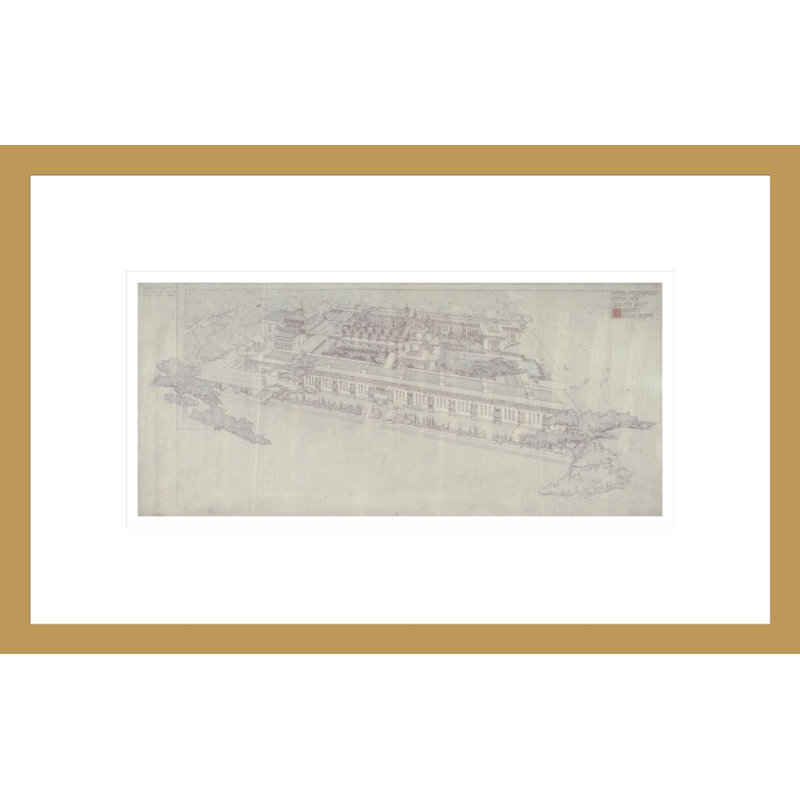 Imperial Hotel General View by Frank Lloyd Wright - Framed Giclee Print, 13.47" H x 16.75" W